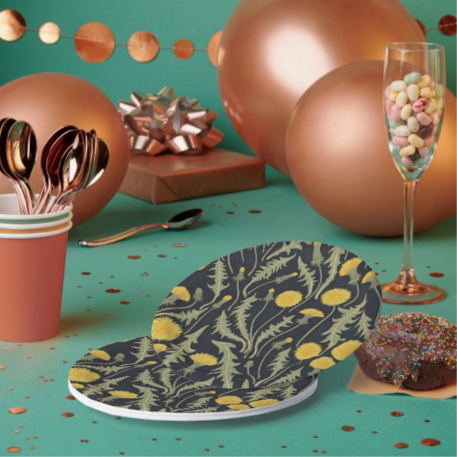 Plato De Papel Dandelions, verde, amarillo y negro (Multi)