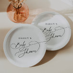 Plato De Papel DARCY Moderno Baby Shower Minimalista blanco negro<br><div class="desc">Estos modernos platos minimalistas, en blanco y negro, de papel para bebé de la Darcy Collection son perfectos para una simple ducha para bebés. El moderno diseño minimalista presenta una caligrafía romántica blanca y negra intemporal con un estilo bohemio de cuento de hadas. Personalice sus placas de ducha de bebé...</div>
