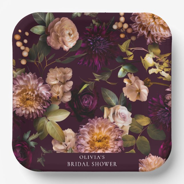 Plato De Papel Dark and Moody Dramatic Floral Bridal Shower Luxe (Anverso)