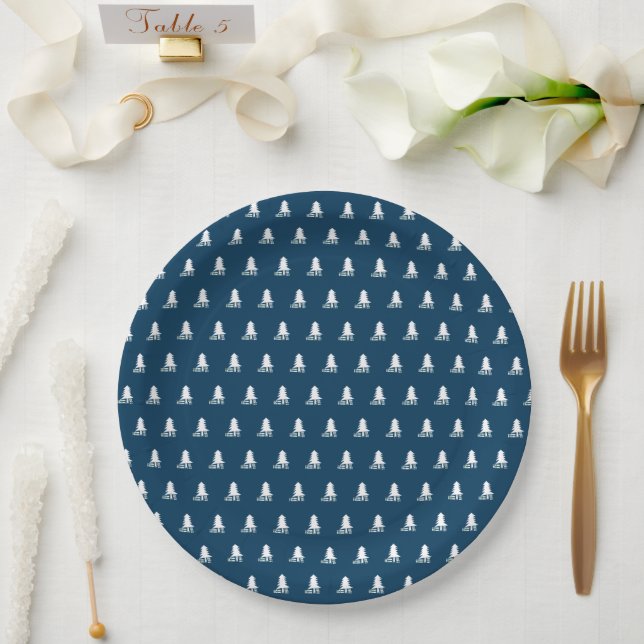 Plato De Papel Dark Blue and White Christmas Tree Design (Boda)