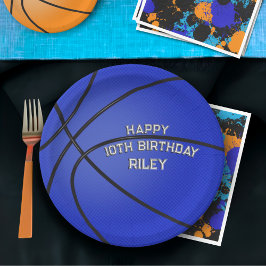 Plato De Papel Dark Blue Basketball Feliz cumpleaños