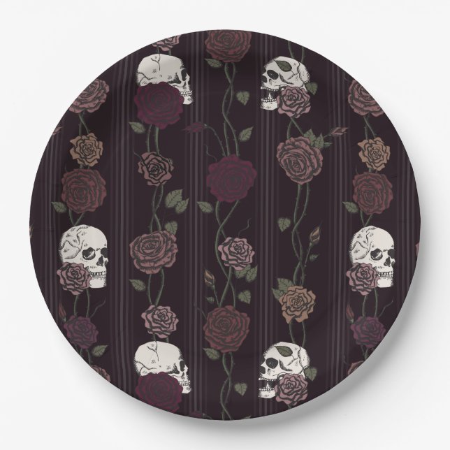 Plato De Papel Dark Burgundy Gothic Skull & Rose Stripes (Anverso)