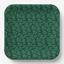 Plato De Papel  Dark Green Background with Teal Botanical Leaves