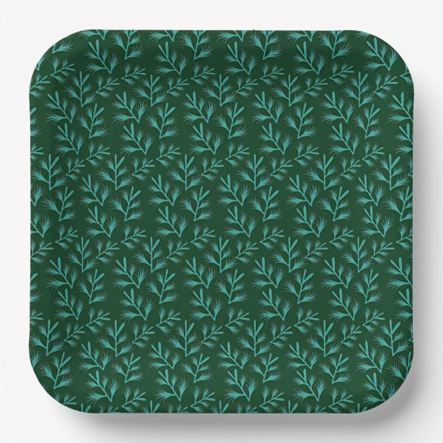 Plato De Papel  Dark Green Background with Teal Botanical Leaves (Anverso)