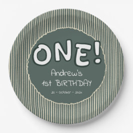 Plato De Papel Dark Green Stripes 1st Birthday
