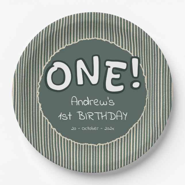 Plato De Papel Dark Green Stripes 1st Birthday (Anverso)