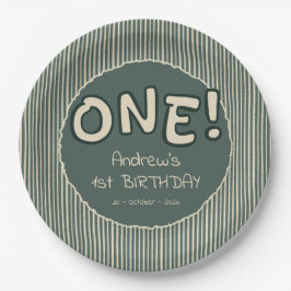 Plato De Papel Dark Green Stripes 1st Birthday