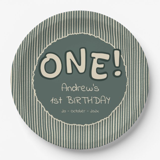 Plato De Papel Dark Green Stripes 1st Birthday (Anverso)