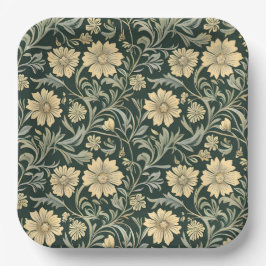 Plato De Papel Dark green stylized yellow flowers  pattern 