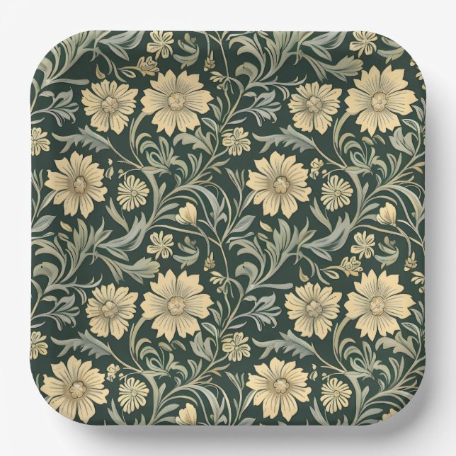 Plato De Papel Dark green stylized yellow flowers  pattern  (Anverso)