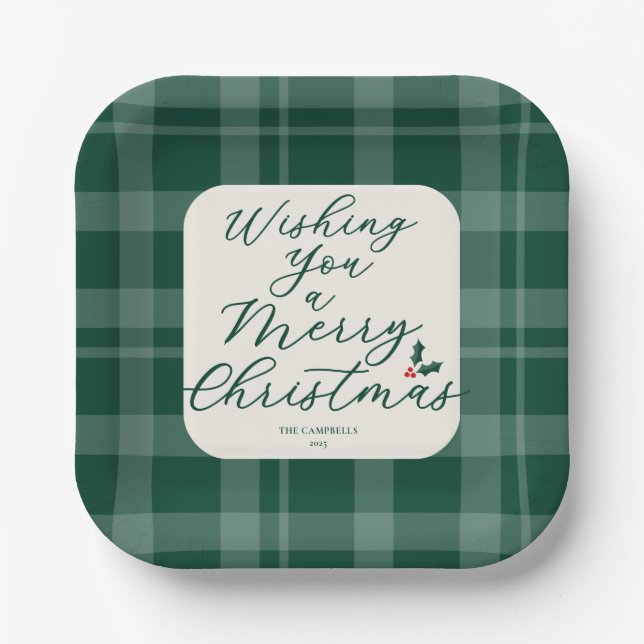 Plato De Papel Dark Green Wishing You A Merry Christmas Plaid (Anverso)