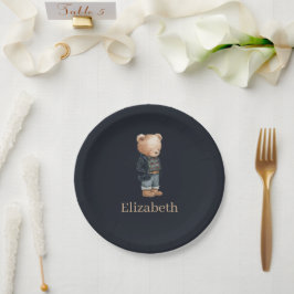 Plato De Papel Dark Navy Custom Name Teddy Bear Boy Baby Shower
