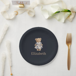 Plato De Papel Dark Navy Custom Name Teddy Bear Girl Baby Shower