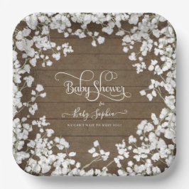 Plato De Papel Dark Rustic Wood Script Babys Breath Baby Shower
