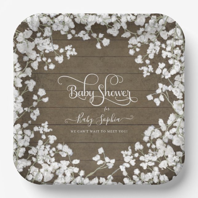 Plato De Papel Dark Rustic Wood Script Babys Breath Baby Shower (Anverso)