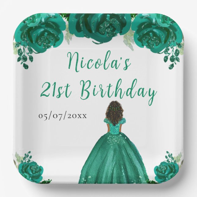 Plato De Papel Dark Skin Princess Green Floral Birthday Party (Anverso)