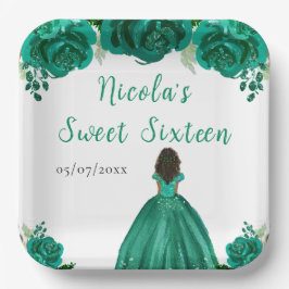 Plato De Papel Dark Skin Princess Green Floral Sweet Sixteen