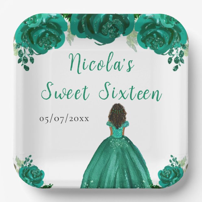 Plato De Papel Dark Skin Princess Green Floral Sweet Sixteen (Anverso)
