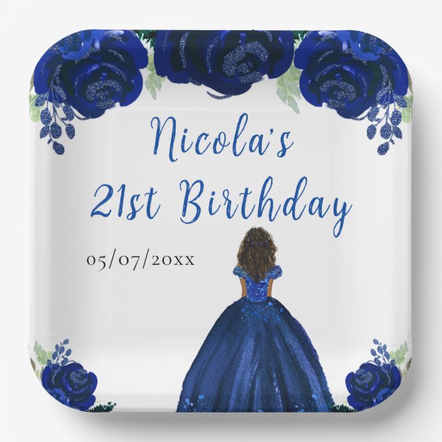 Plato De Papel Dark Skin Princess Navy Floral Birthday Party (Anverso)