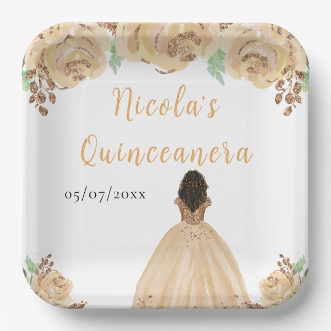 Plato De Papel Dark Skin Princess Peach Floral Quinceanera (Anverso)