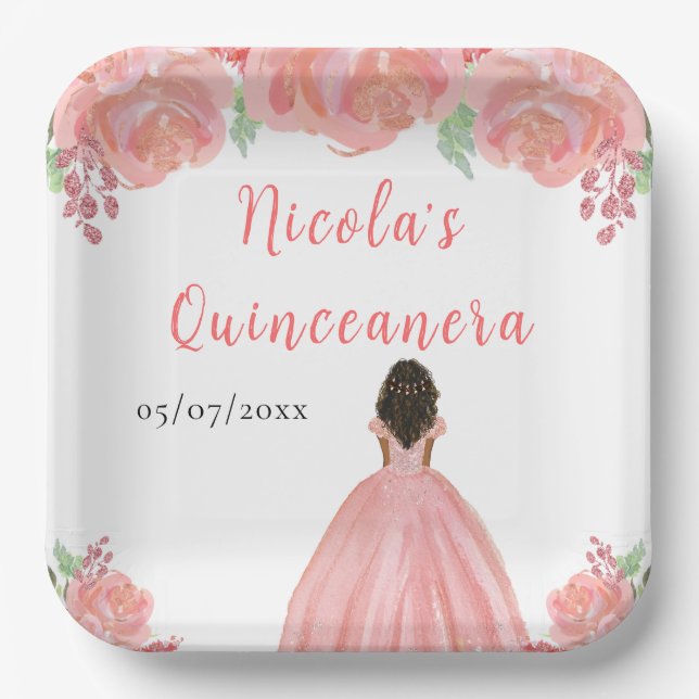 Plato De Papel Dark Skin Princess Pink Floral Quinceanera (Anverso)