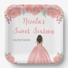 Plato De Papel Dark Skin Princess Pink Floral Sweet Sixteen