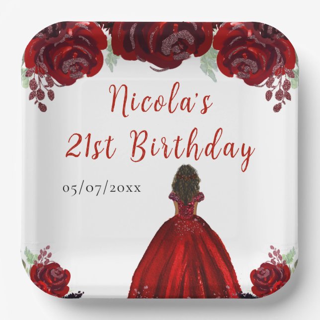 Plato De Papel Dark Skin Princess Red Floral Birthday (Anverso)