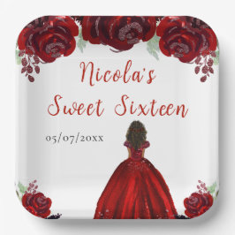 Plato De Papel Dark Skin Princess Red Floral Sweet Dieciséis