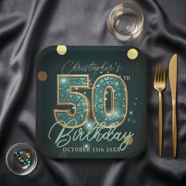 Plato De Papel Dark Teal and Gold Mosaic 50th Birthday Party (Subido por el creador)
