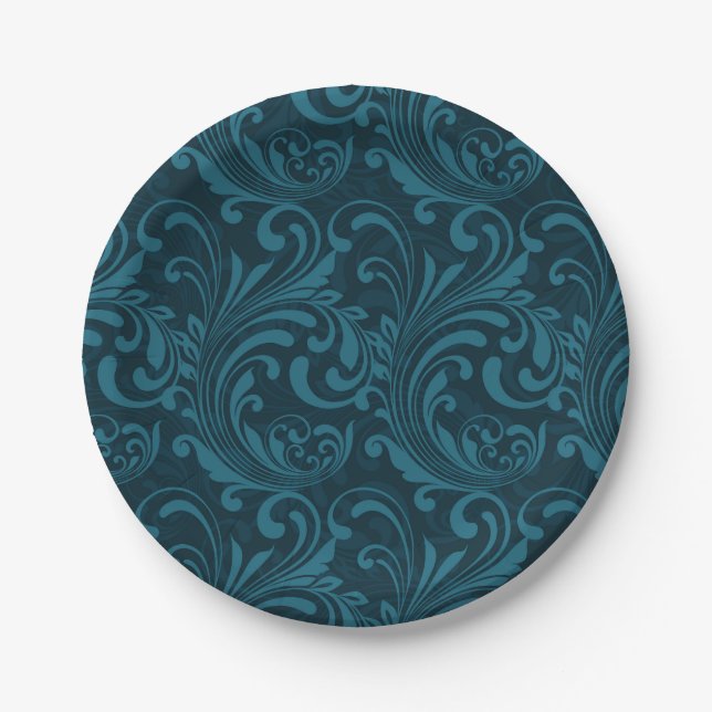 Plato De Papel Dark teal floral damask pattern (Anverso)