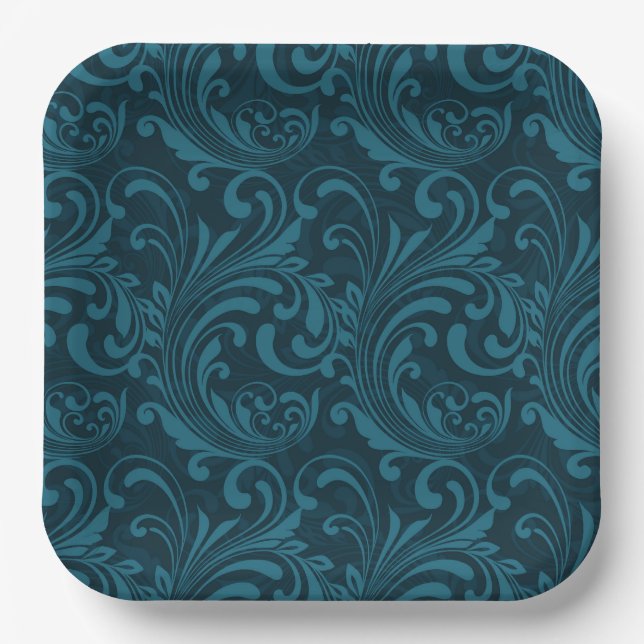 Plato De Papel Dark teal floral damask pattern (Anverso)
