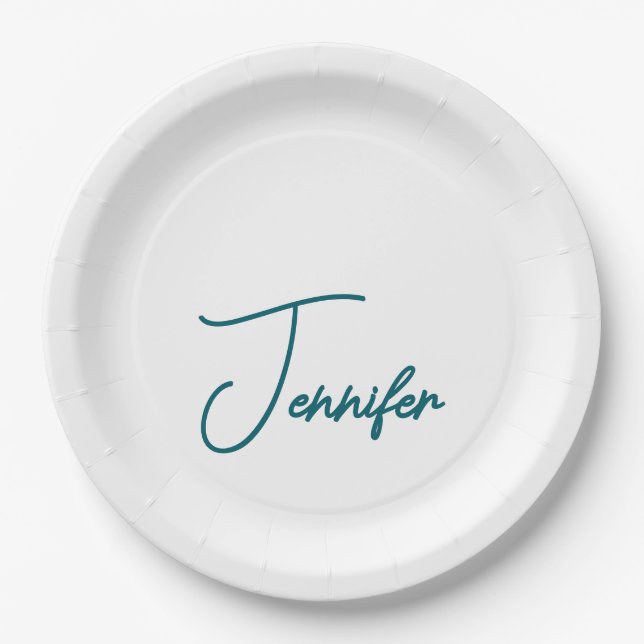 Plato De Papel Dark Teal Trend Modern Minimalist Handwriting Name (Anverso)