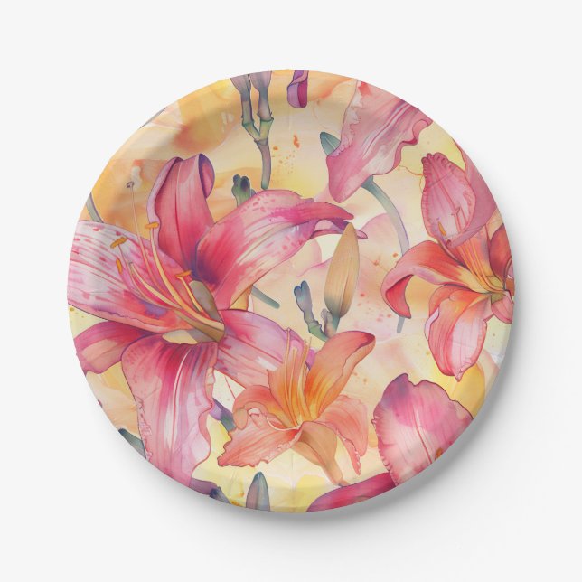 Plato De Papel Daylias amarillas rosadas (Anverso)
