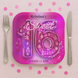 Plato De Papel Dazzling Fuchsia Jeweled Sweet Sixteen Milestone