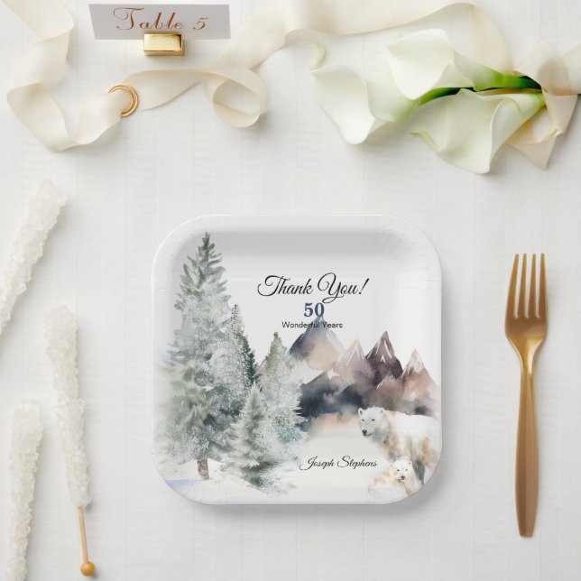 Plato de papel de acuarela de bosque invernal (Boda)