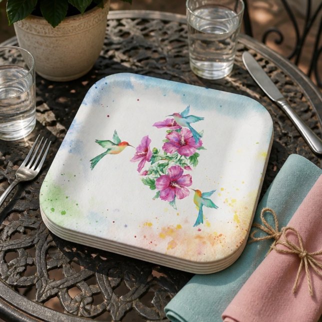 Plato de papel de acuarela de tres colibríes (Subido por el creador)