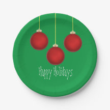 Plato de papel de adornos rojos Felices Fiestas