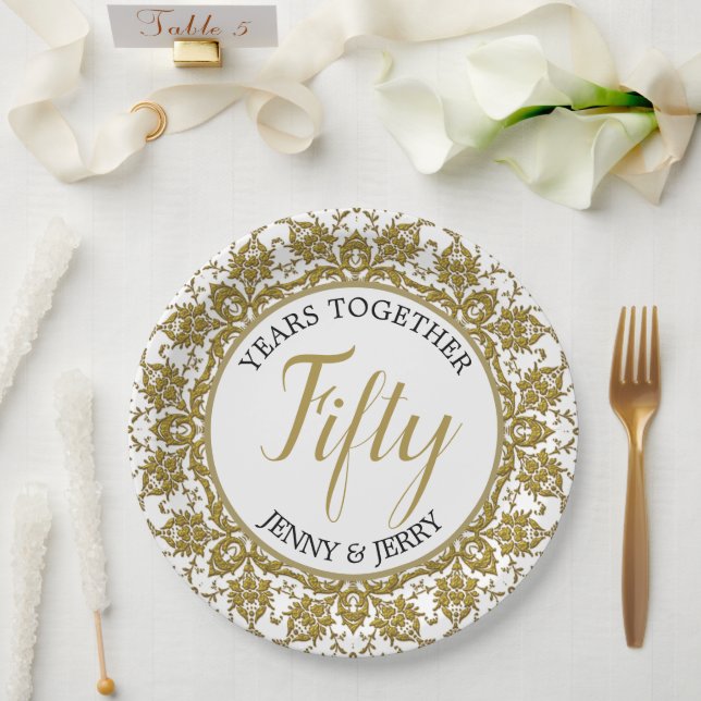 Plato de papel de aniversario dorado y blanco (Boda)