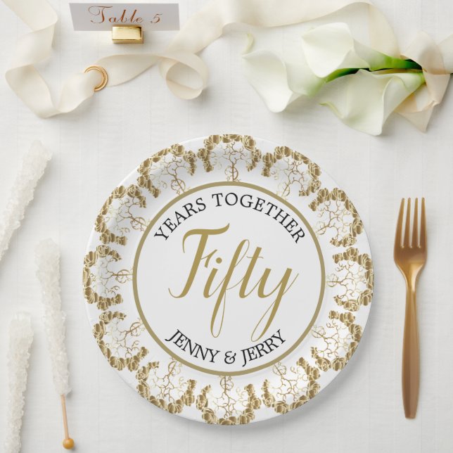 Plato de papel de aniversario dorado y blanco (Boda)