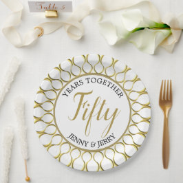 Plato de papel de aniversario elegante dorado y bl
