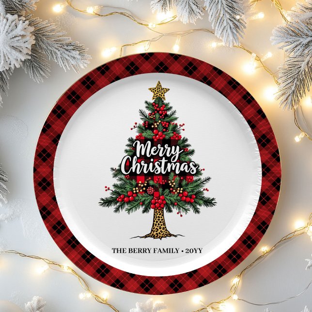 Plato de Papel de Árbol de Plaid Artístico Navideñ (Artistic Plaid Tree Holiday Custom Name Paper Plates)