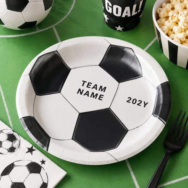 Plato de papel de balón de fútbol | Platos de fies (Personalized soccer party plate with team name and year for birthday table styling.)
