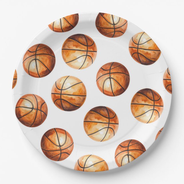 Plato de papel de baloncesto acuarela (Anverso)