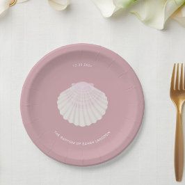 Plato de papel de bautizo con concha rosa
