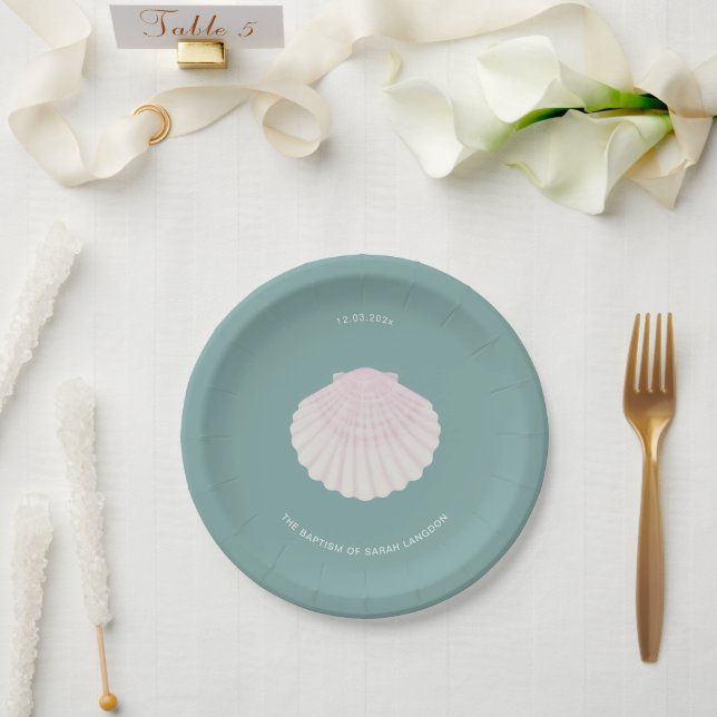 Plato de papel de bautizo verde con concha rosa (Boda)