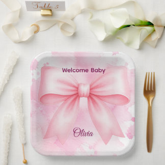Plato de papel de bienvenida de lazo rosa Coquette