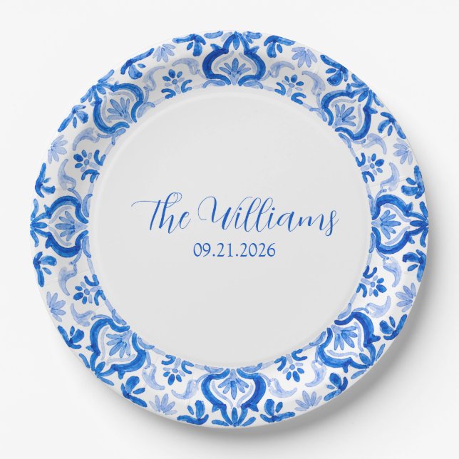 Plato de papel de boda azul blanco falso Delft per (Anverso)