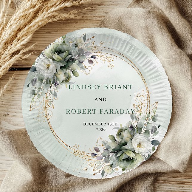 Plato de papel de boda botánico verde salvia acuar (Watercolor Sage Green Botanical Wedding Paper Plates)