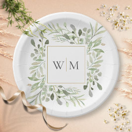 Plato de papel de boda con monograma dorado y foll