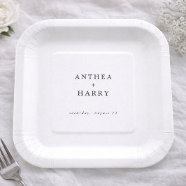 Plato de Papel de Boda Negro Blanco Serif Moderno
